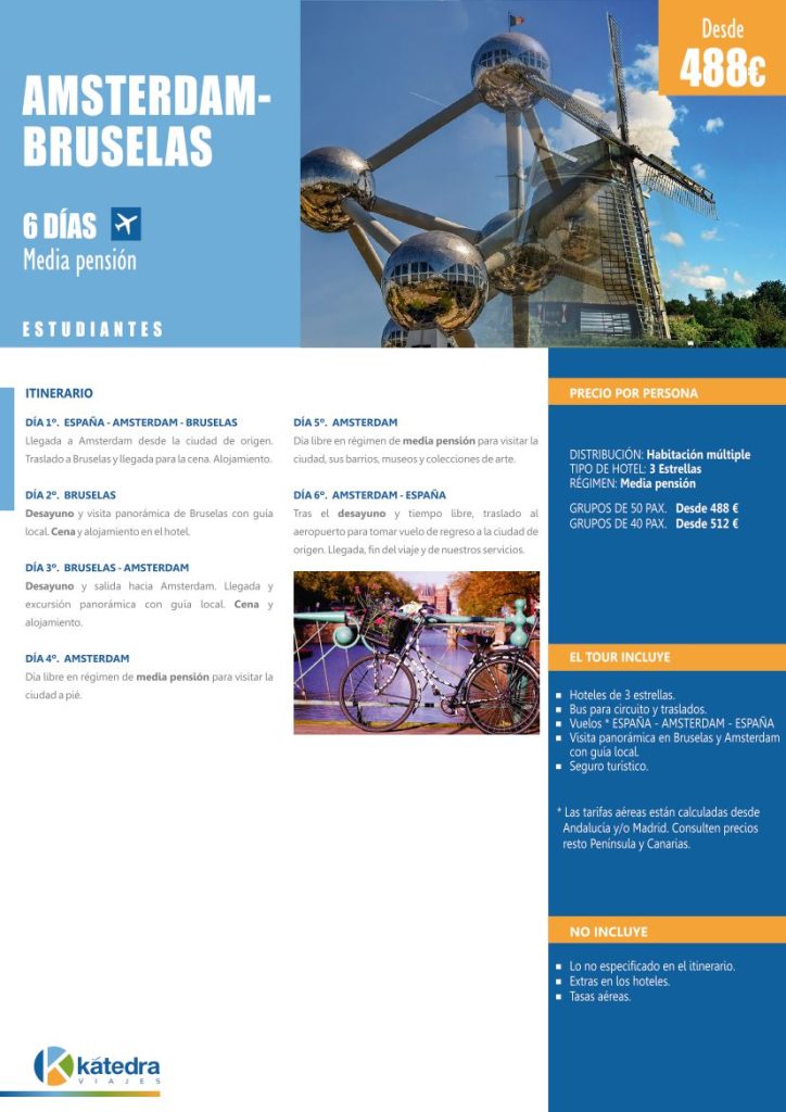 Itinerario viaje a Ámsterdam y Bruselas para estudiantes durante 6 días y media pensión. Imágenes de monumento, bicicletas y molino.