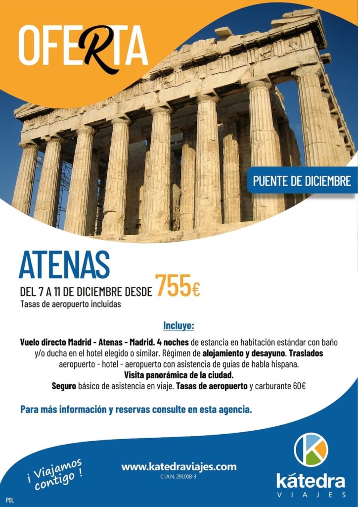 Itinerario de viaje a Atenas Grecia en festivos de Diciembre con importe del viaje y detalles. Fotografía del Partenón.