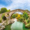 Puente romano de Cangas de Onís con cruz con entorno de vegetación y agua verde.
