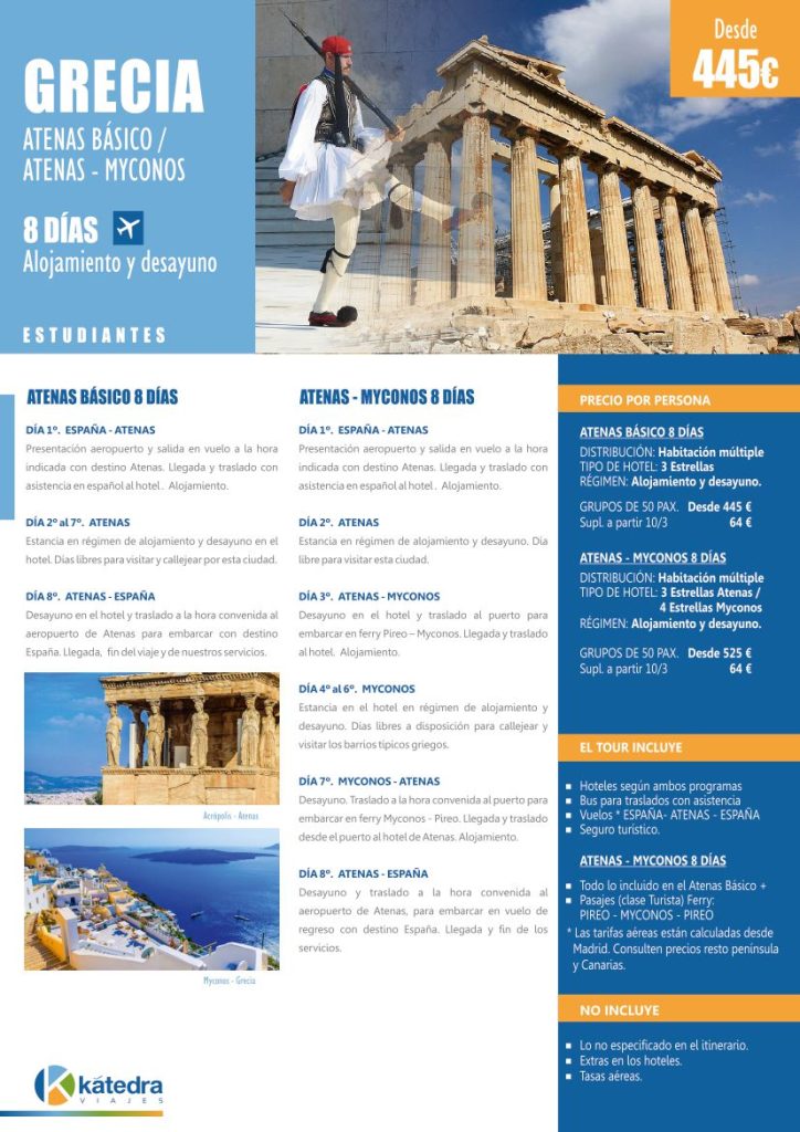 Itinerario de Paquete Turístico de Atenas, Myconos Grecia. Imágenes de guardia griego, Partenón, Cariátides y Santorini.