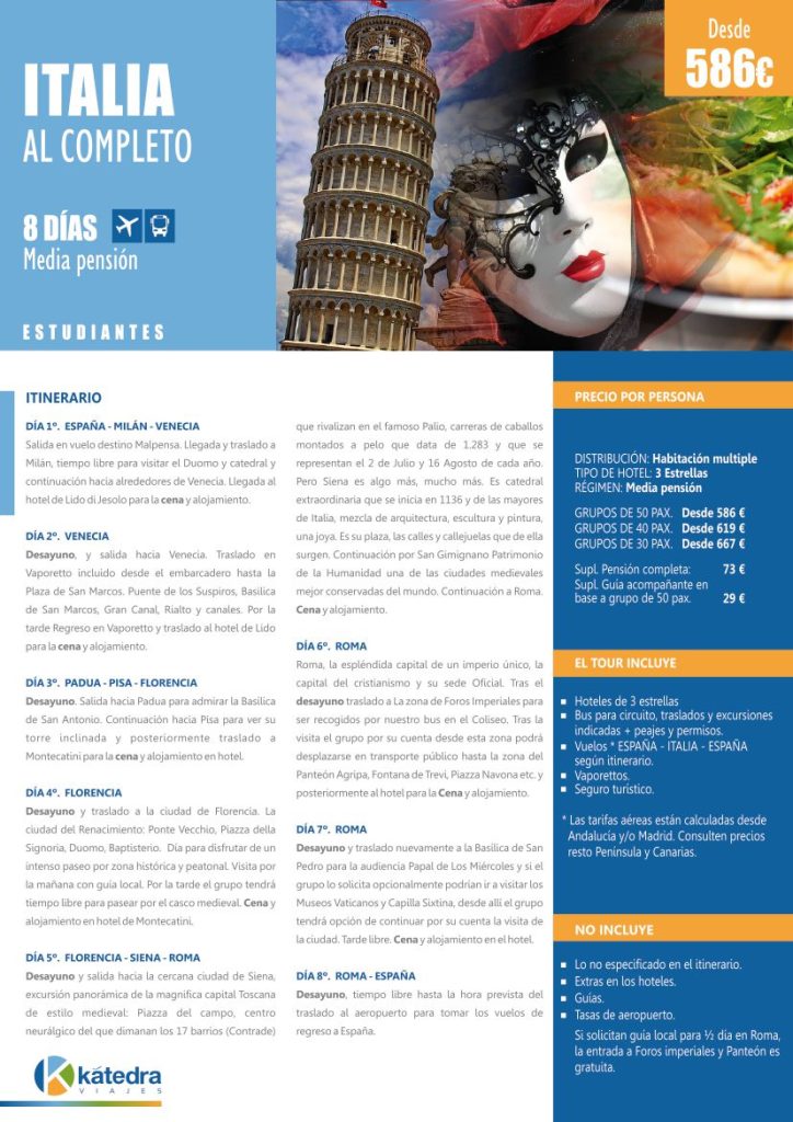 Itinerario viaje a Italia para estudiantes. Venecia, Milán, Roma, Florencia, Pisa, Siena, Padua. Imagen de la torre de Pisa, mascara, comida.
