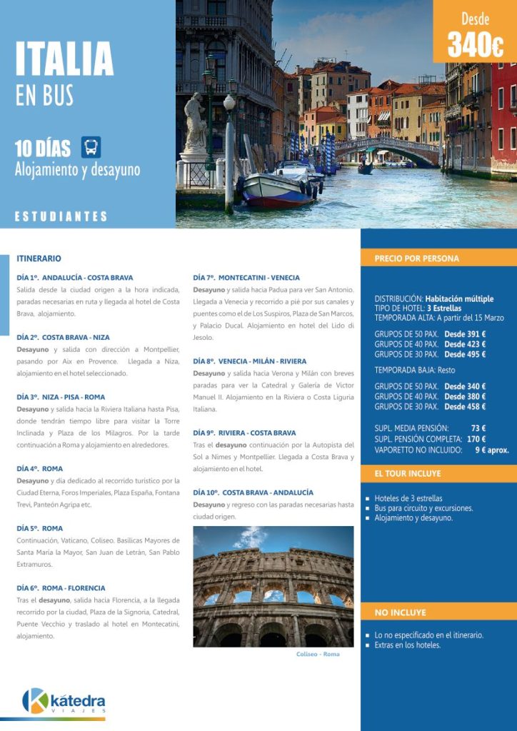 Viaje de estudiantes en bus a Italia: Roma, Pisa, Florencia, Venecia, Milán. Imagen del Coliseo romano y canales de Venecia.