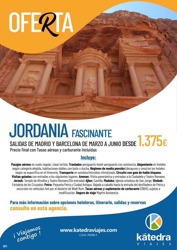 Plan de ruta de promoción de viaje a Jordania con salidas desde Madrid y Barcelona desde Marzo a Junio. Fotografía de la ciudad de Petra.