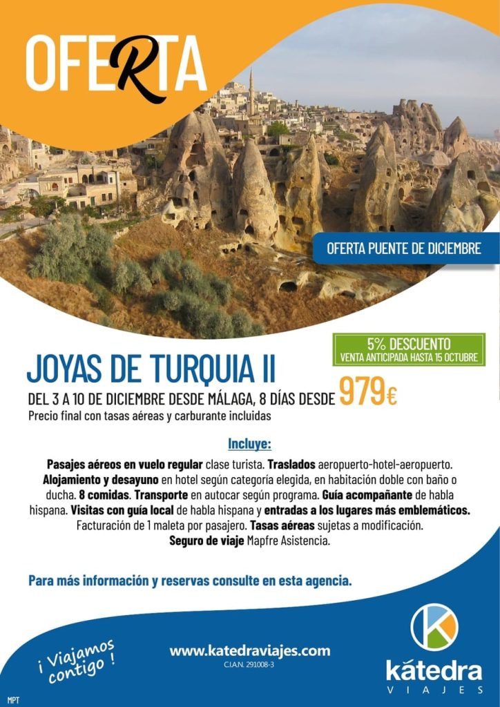 Programa de viaje promocional a Turquía en diciembre con el detalle de servicios incluidos. Fotografía de Capadocia.