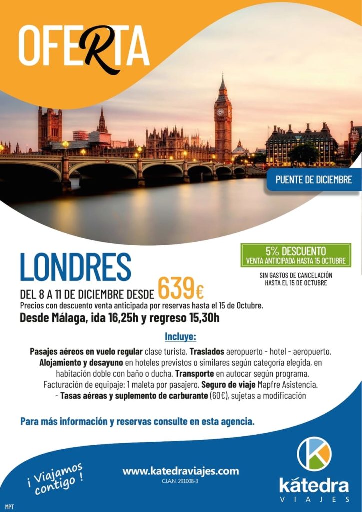 Promoción para viaje a Londres Inglaterra en diciembre con descuentos saliendo desde Málaga. Fotografía del puente y el Big Ben al atardecer.