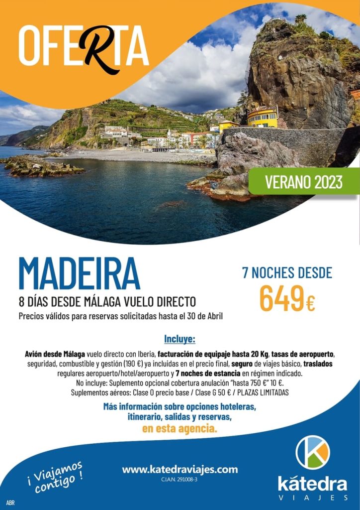 Planilla de oferta especial de viaje a Madeira desde Málaga para verano 2023 con detalles del itinerario. Fotografía del lugar.