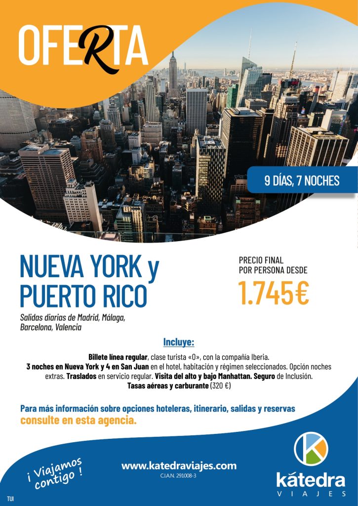 Itinerario de viaja a la ciudad de Nueva York en E.E.U.U. y Puerto Rico saliendo desde Madrid, Málaga, Barcelona y Valencia. Fotografía de los edificios de Nueva York.