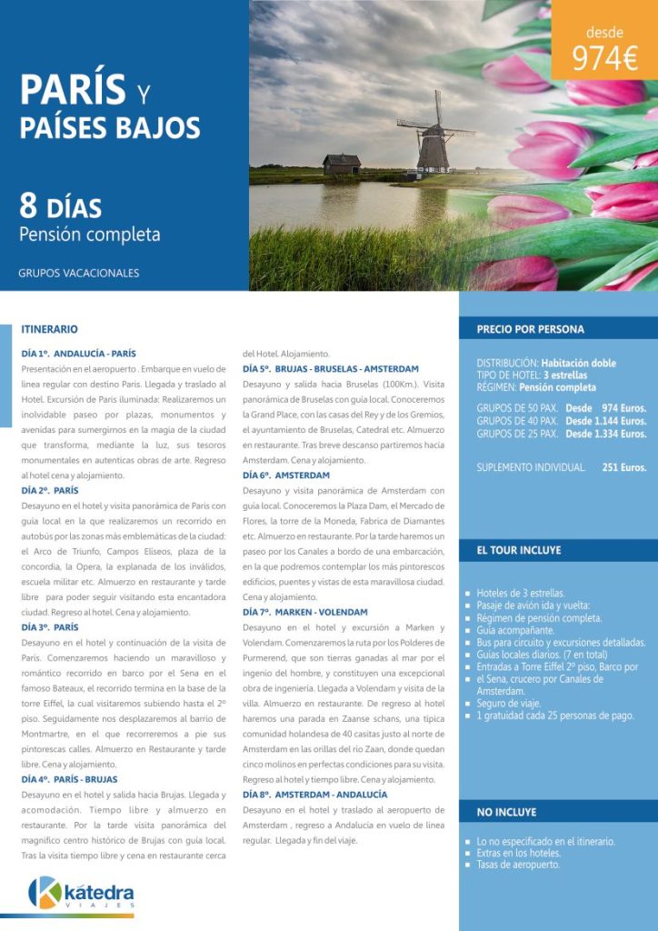 Guía de viaje por París Francia y Países Bajos destinado a fines vacacionales. Imagen de molino y tulipanes rosas.