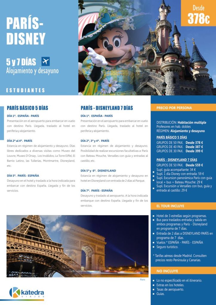 Itinerario de viaje a París y Disney en Francia destinado a estudiantes. Imágenes de mini, castillo, torre Eiffel, Arco de Triunfo.