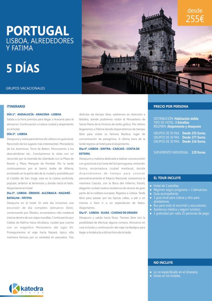 Detalle de ruta por Lisboa, Fátima y alrededores en Portugal para vacacionar. Imagen de la Torre de Belém al atardecer.