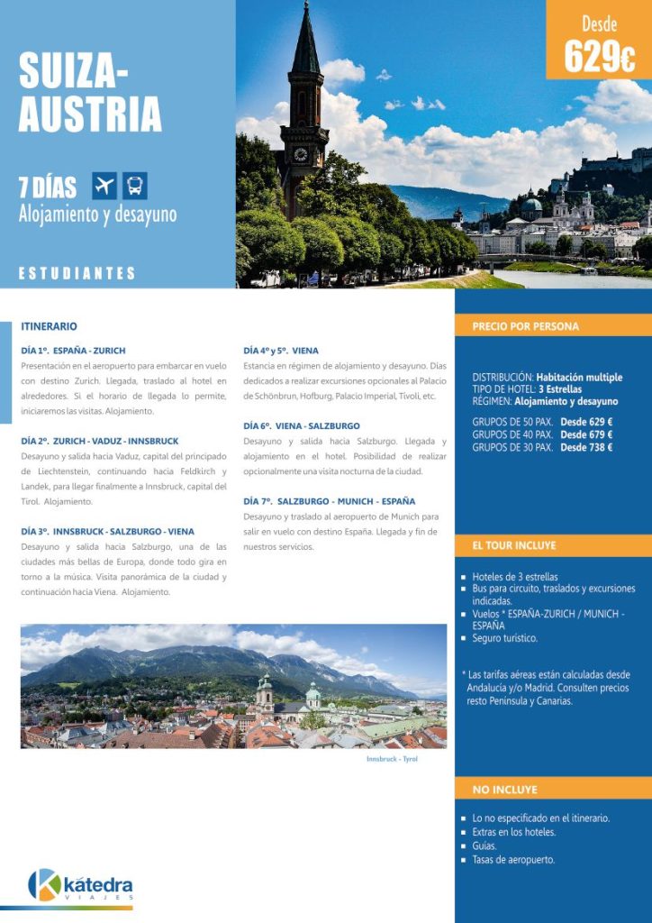 Detalle de excursión a Suiza y Austria para estudiantes. Imágenes de paisajes.