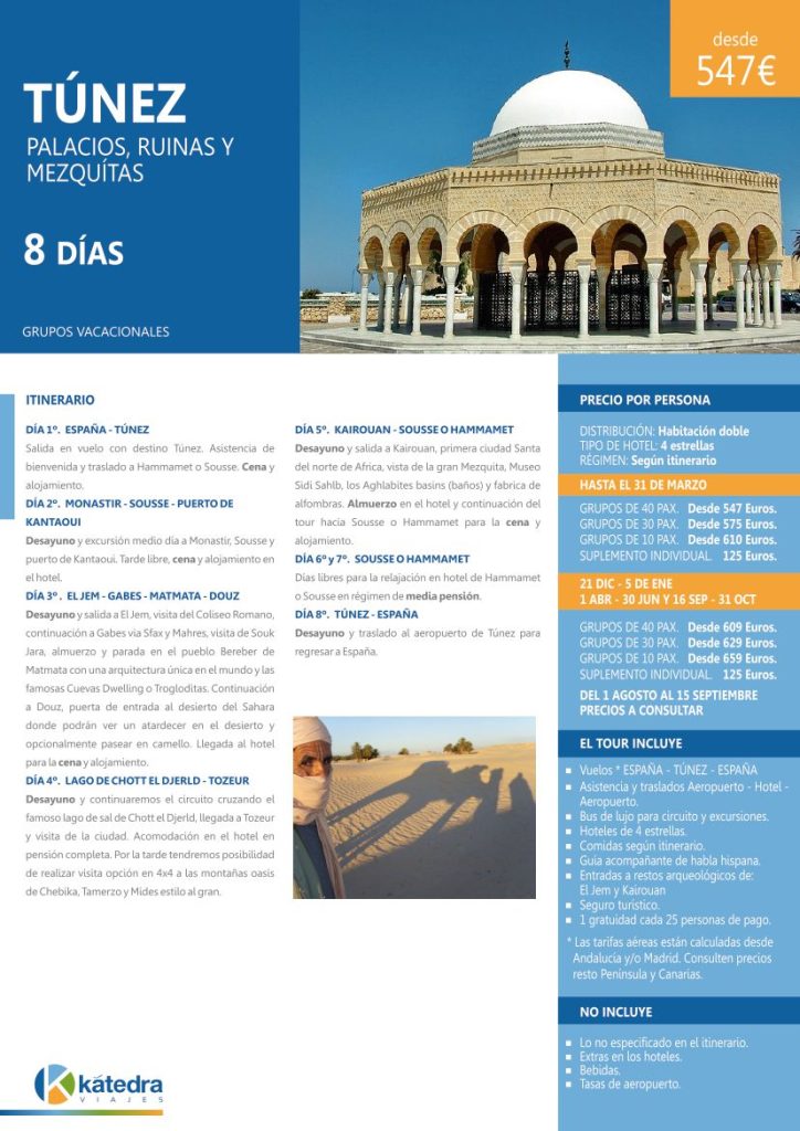 Itinerario de viaje a Túnez, Palacios, Ruinas y Mezquitas para grupo de vacaciones. Imagen en persona en desierto y silueta de camello.