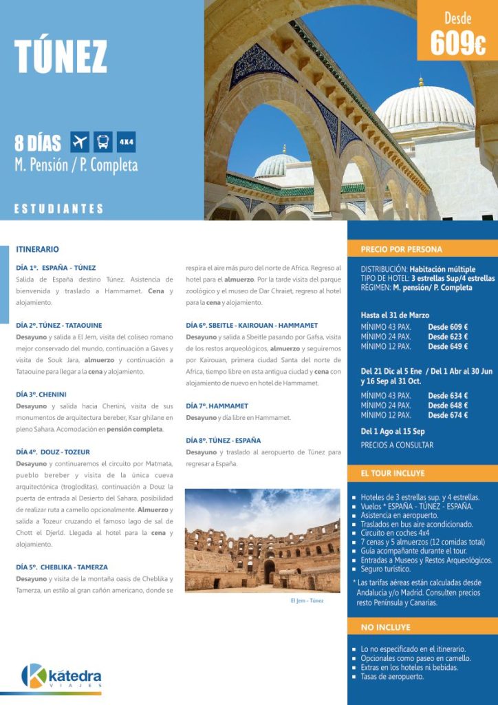 Itinerario de viaje a Túnez para grupo de estudiantes. Imagen de ruinas y palacio.